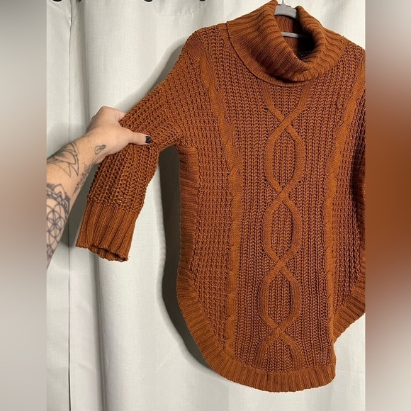 Express Cable Knit Cowl Neck Circle Hem Pullover Sweater Pumpkin Brown XS - Picture 3 of 8